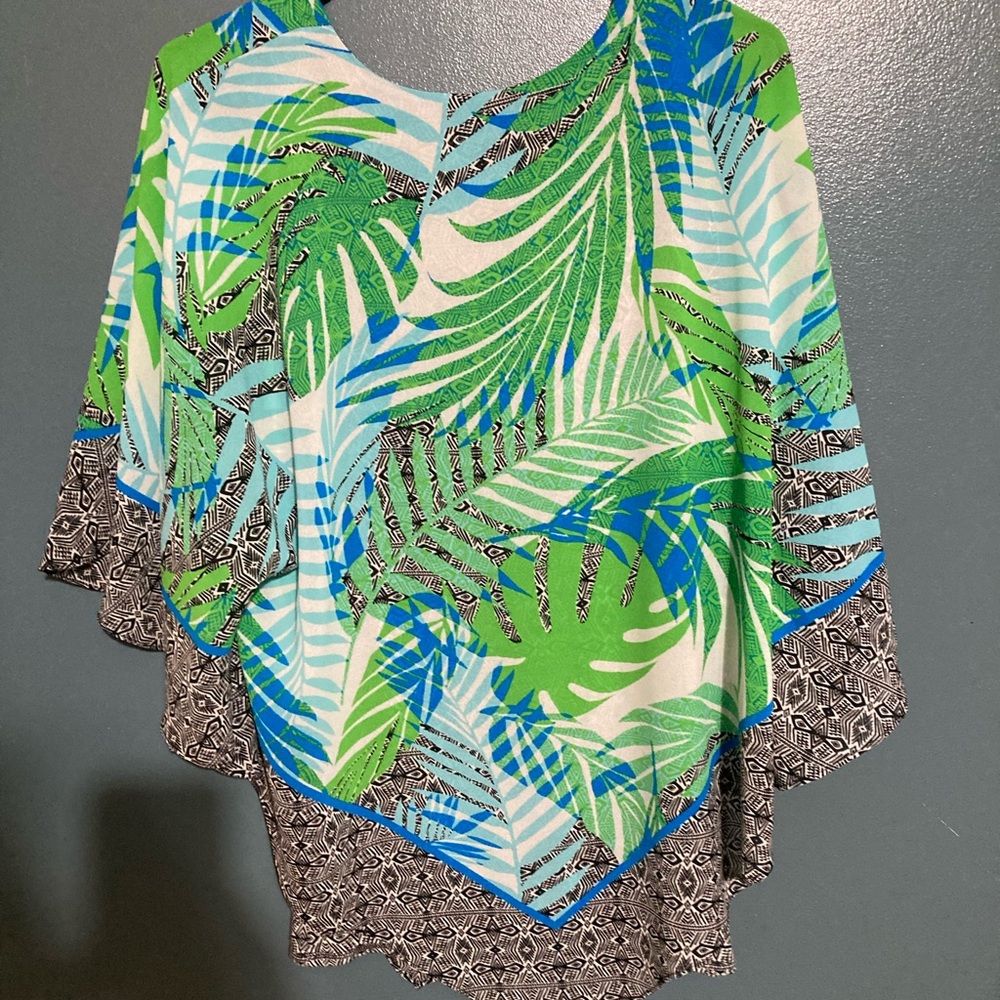 Ruby Rd. Green & Blue Palm-Print Layered Poncho - Picture 2 of 6